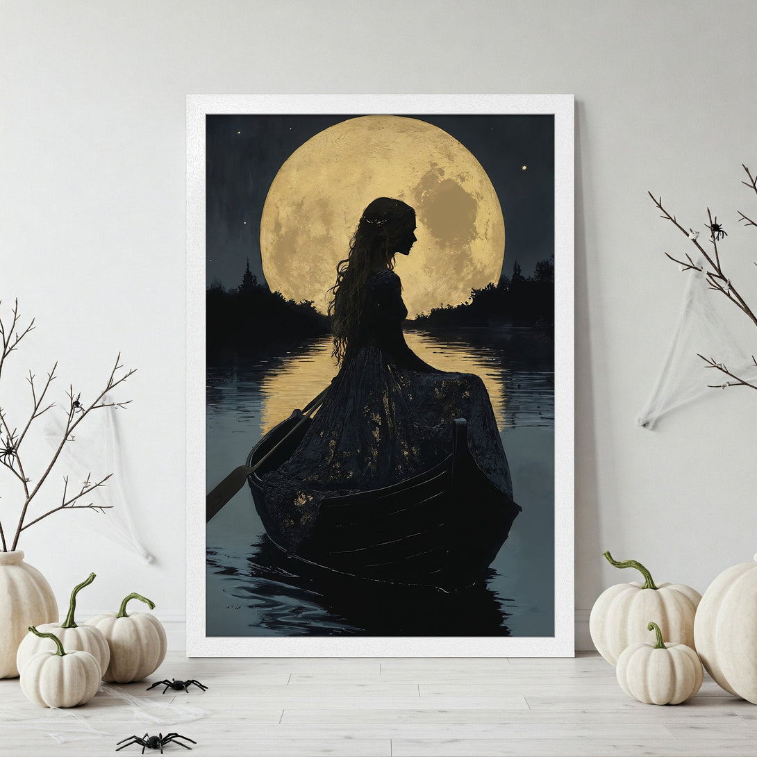Framed Poster of a woman in a boat silhouetted against a moon. Dark, moody art with a gold and black color palette. Perfect Halloween decor.