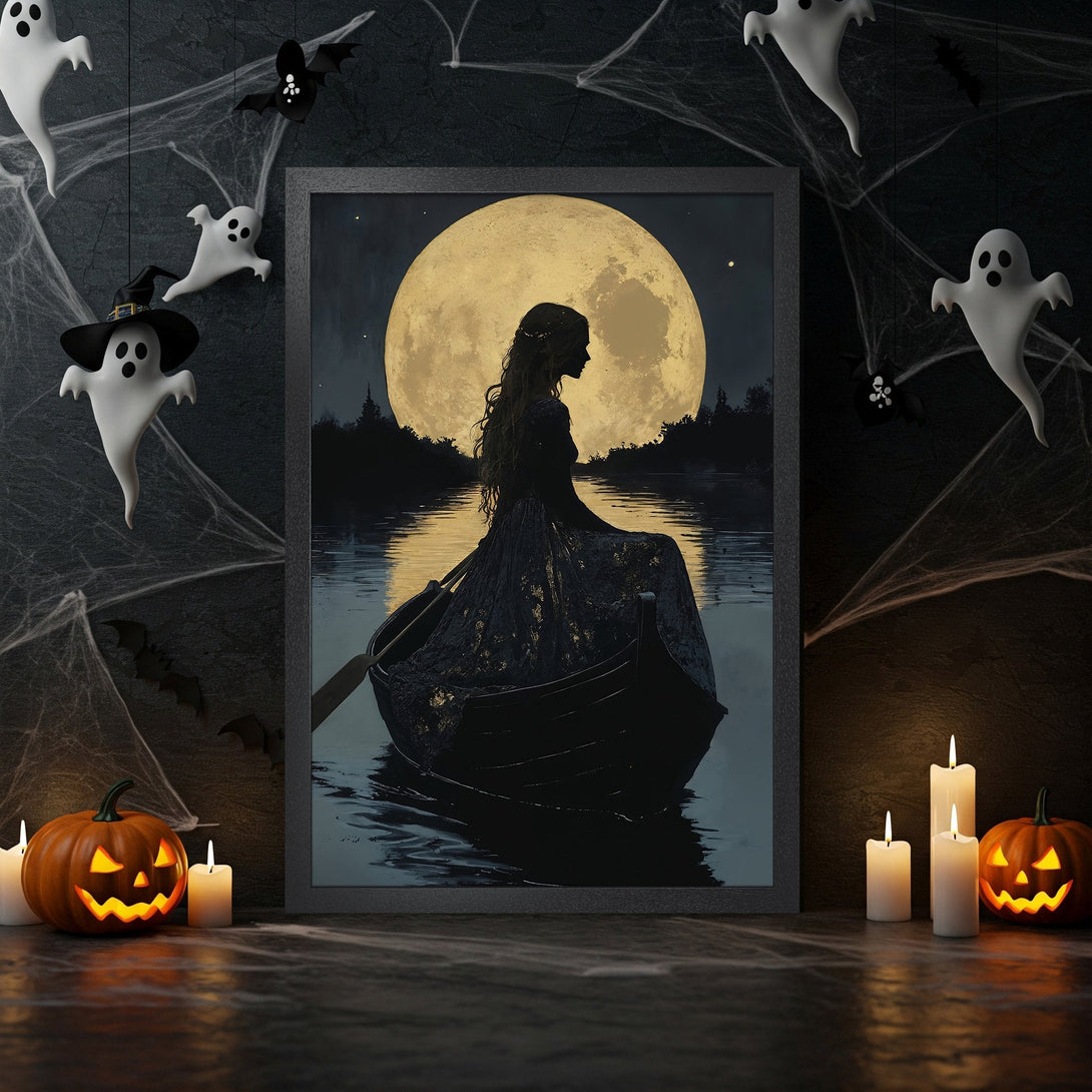 Framed Poster featuring a woman in a boat under a full moon, dark and moody style, with a black, gold, and white color palette.