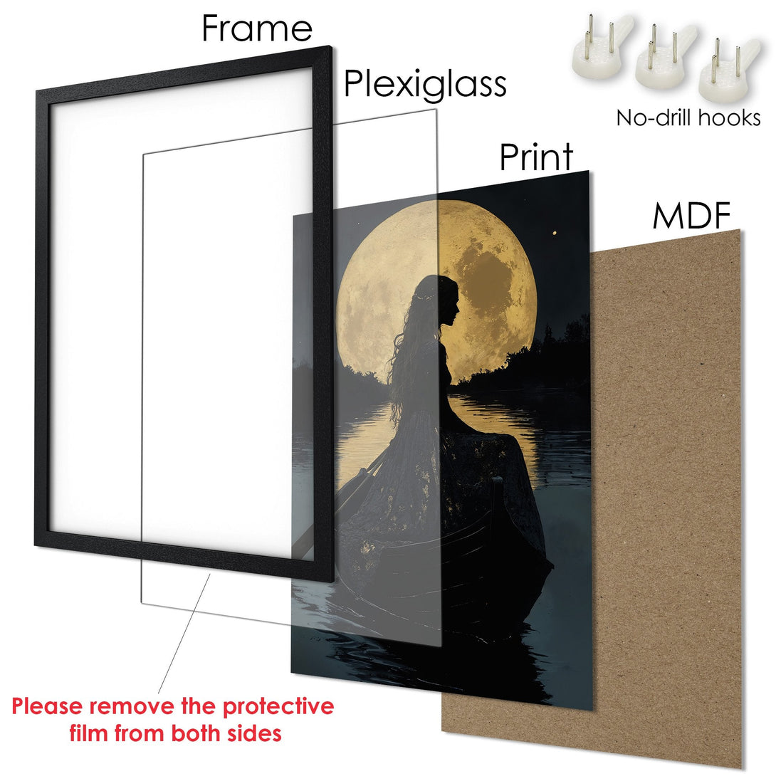 Framed Poster featuring a woman silhouette on a lake, with a full moon. Dark, moody style with gold, black, and blue tones.