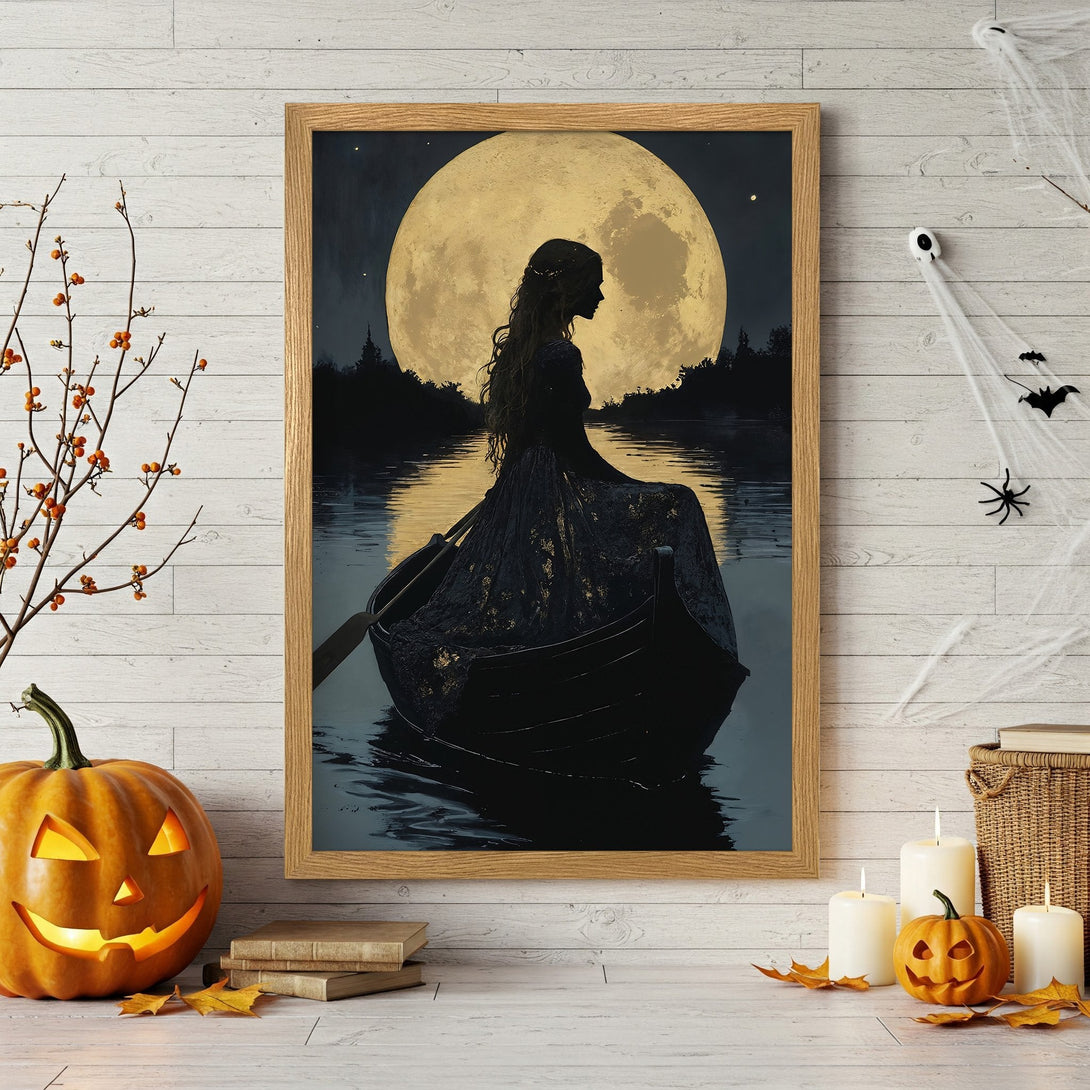 Framed Poster featuring a woman in a boat with a full moon, dark and mysterious style, moody color palette. Perfect Halloween decor!