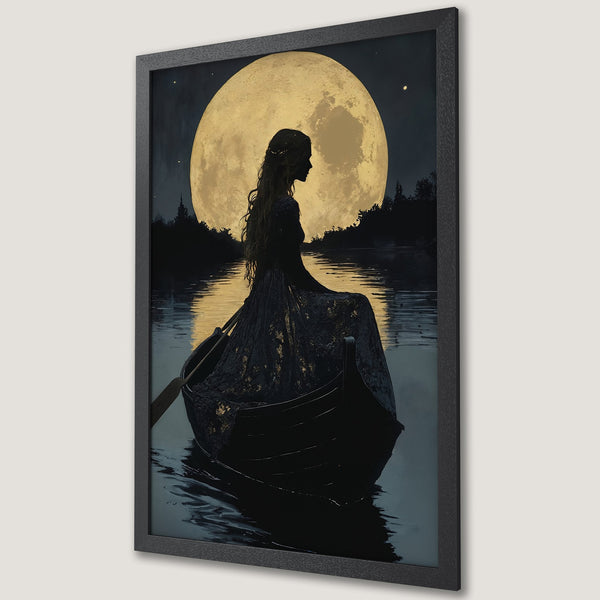 Framed Poster: Woman in boat silhouetted against moon, dark & moody art. Perfect wall decor. Available as a poster print.