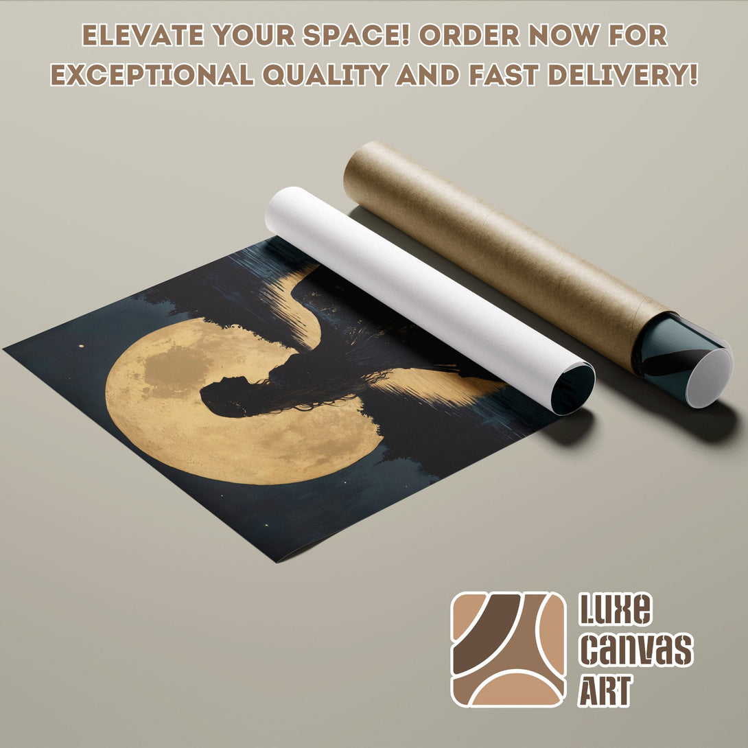 Poster Roll featuring a moonlit abstract art print, navy and gold color palette.