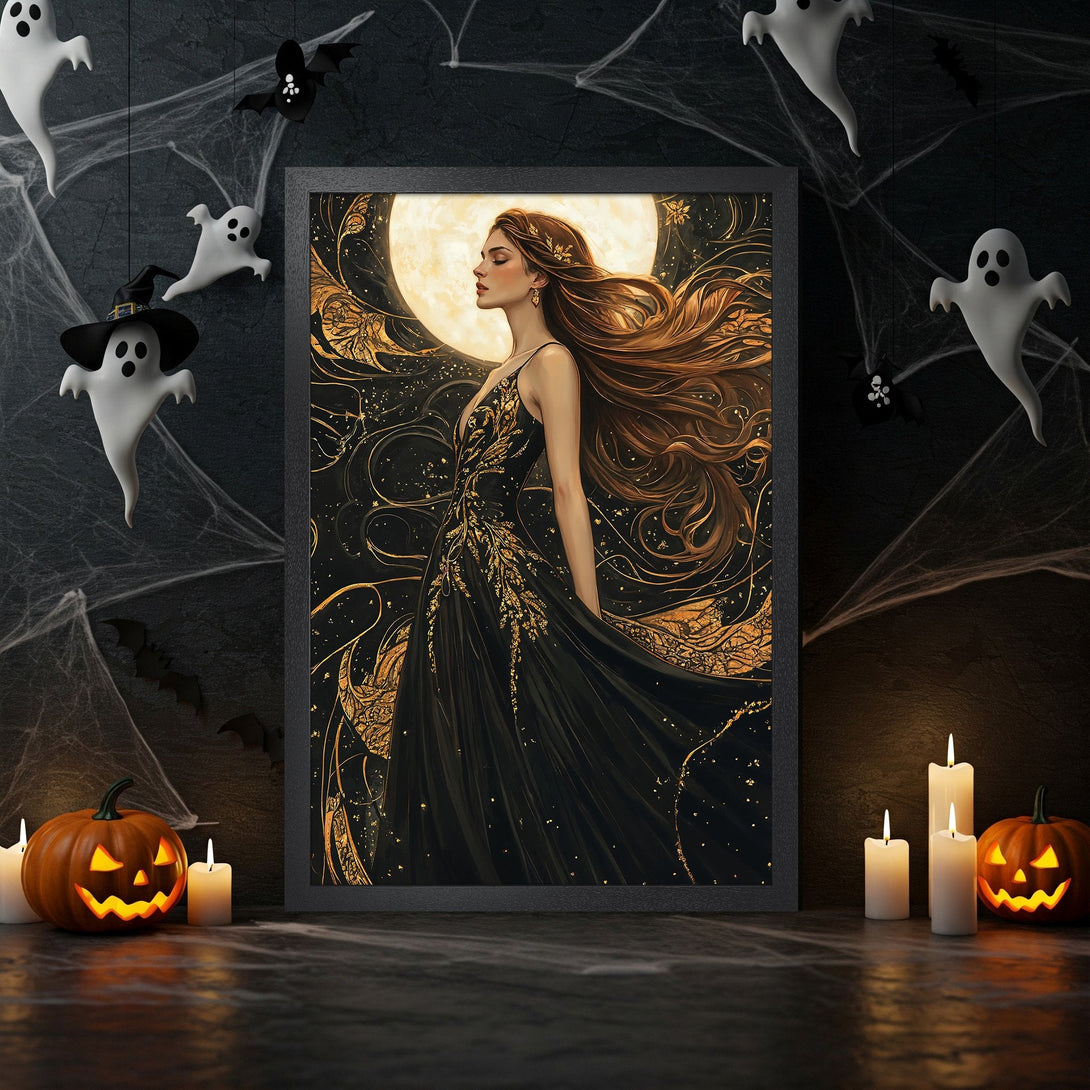 Framed Poster: Elegant woman in a black dress, gold accents, dark & gold color palette. Perfect Halloween decor!