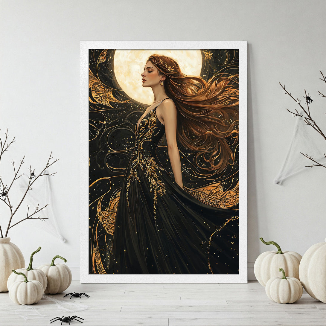 Framed Poster featuring a woman in a black dress with gold accents, against a dark background. Elegant art print with a gold and black color palette.
