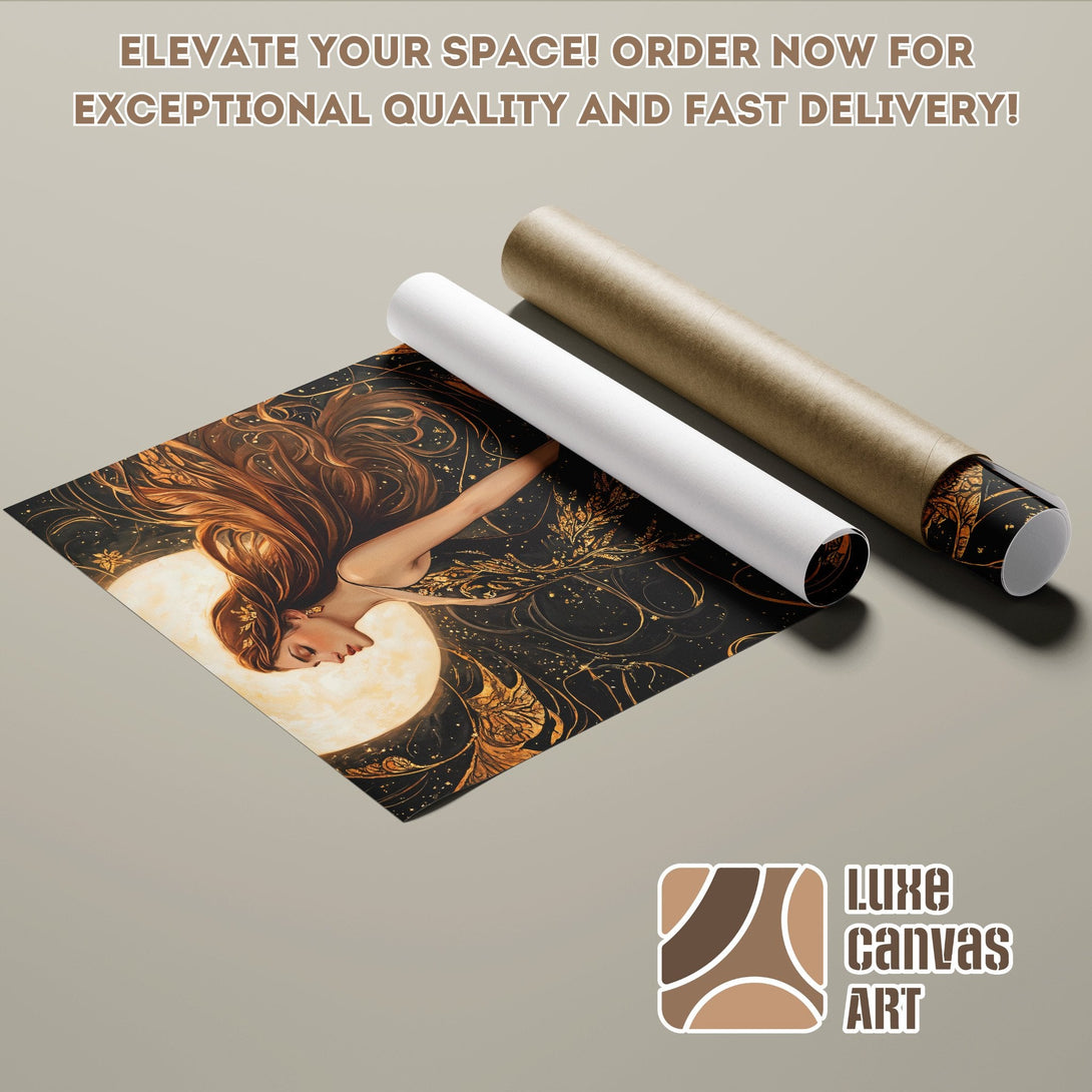 Poster Roll featuring a celestial woman art print in black, gold, and brown tones. Order now!
