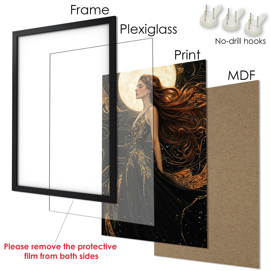 Framed Poster featuring a woman with long hair, in a black and gold color palette, perfect for wall decor.