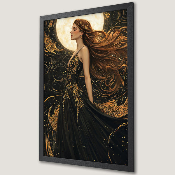 Framed Poster of a woman in a black dress with gold accents, against a moonlit backdrop. Artistic style, rich black & gold color palette.