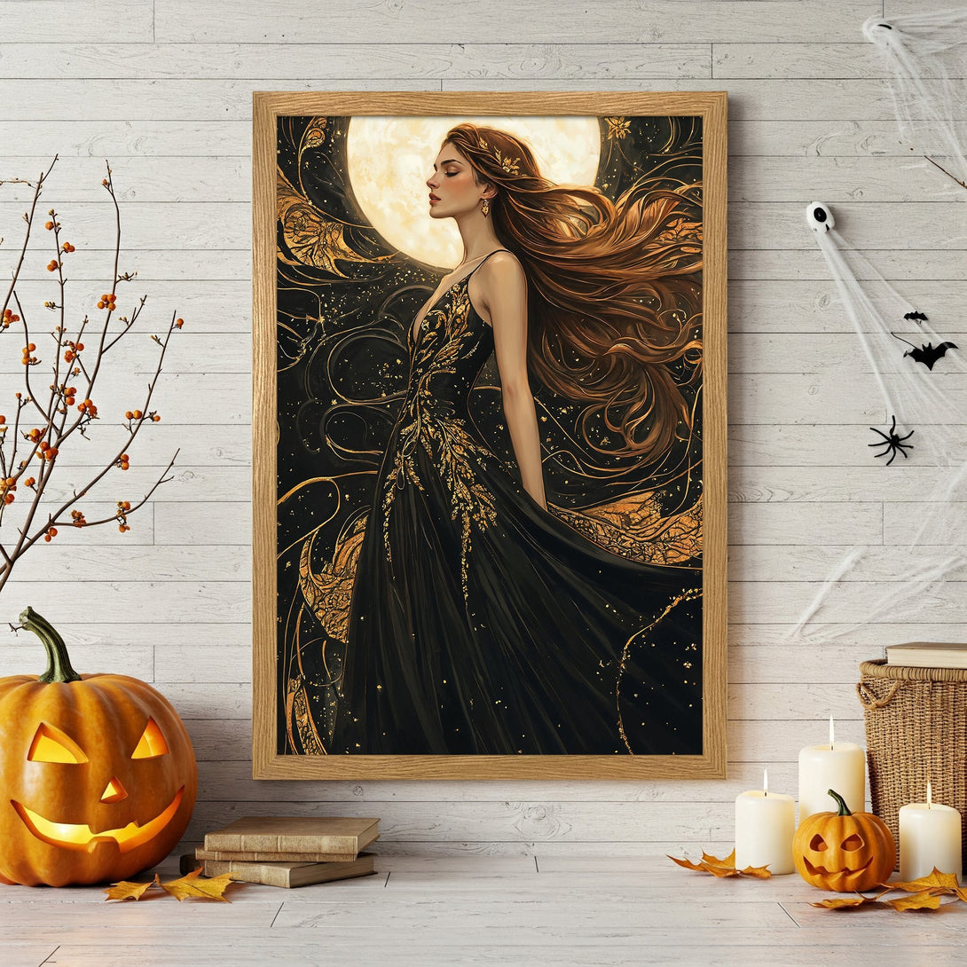 Framed Poster featuring a woman in a black dress with gold accents, set against a moonlit backdrop. Elegant art in black, gold & brown tones. Perfect Halloween decor!