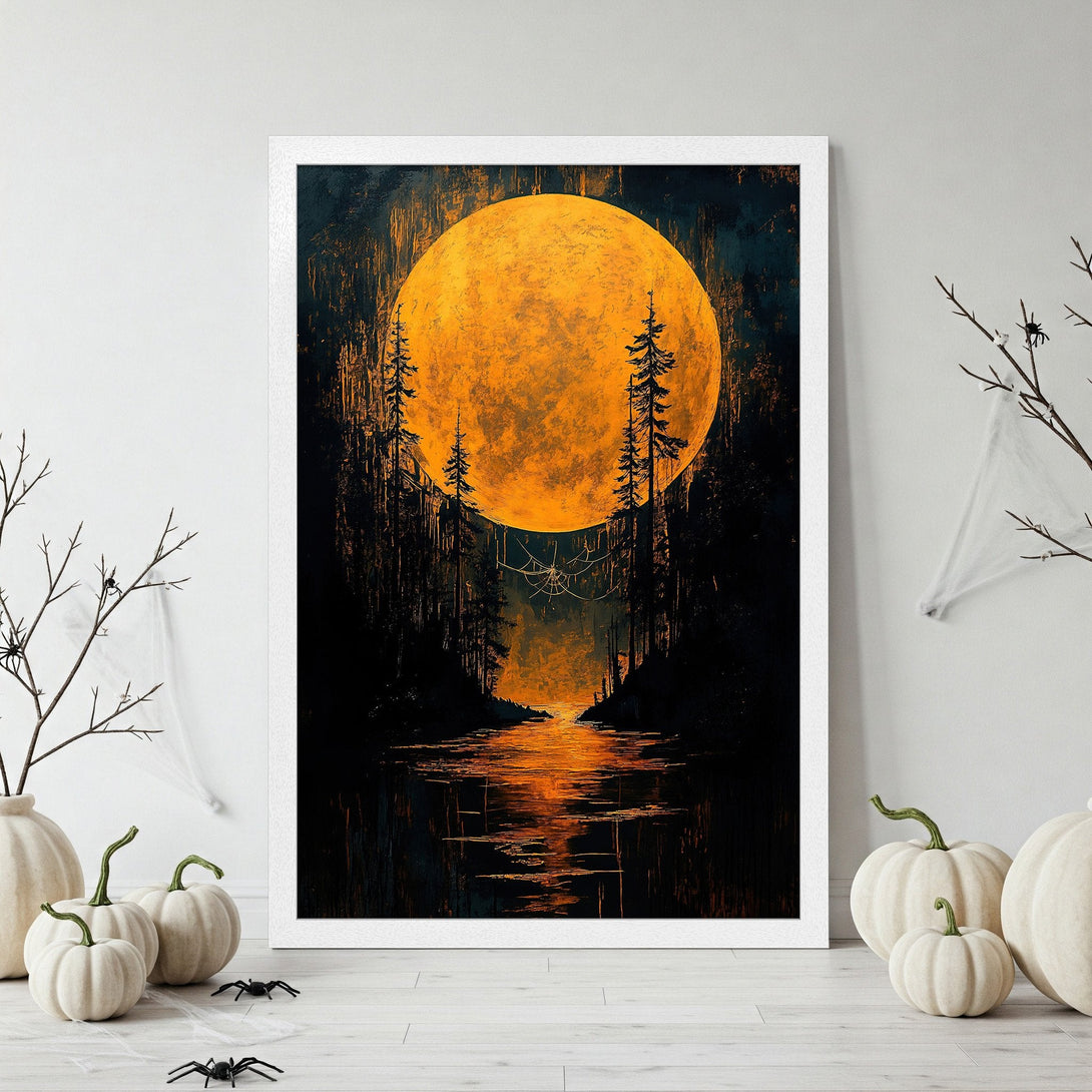 Framed Poster featuring a spooky forest scene with a large orange moon. Dark, moody style with orange and black color palette. Perfect Halloween decor!
