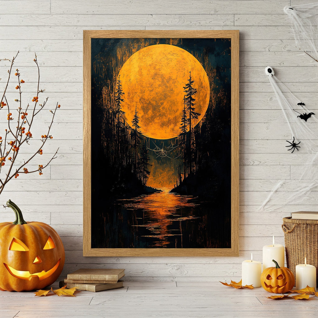 Framed Poster featuring a spooky forest scene with a full moon, in a dark, painterly style with orange and black tones. Perfect Halloween decor!