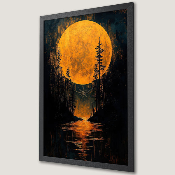 Framed Poster featuring a surreal moonlit forest scene. Dark, moody style with orange, black, and teal color palette. Perfect wall art.