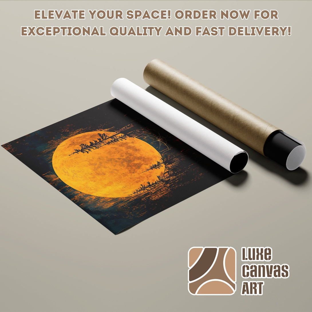 Poster Roll featuring a vibrant moon art print in a dark, moody style with orange and teal tones.