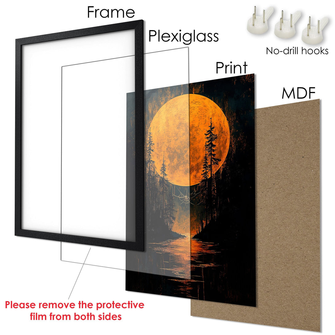 Framed Poster featuring a vibrant sunset over a forest. Artistic style with warm orange and dark tones. Ready to hang!