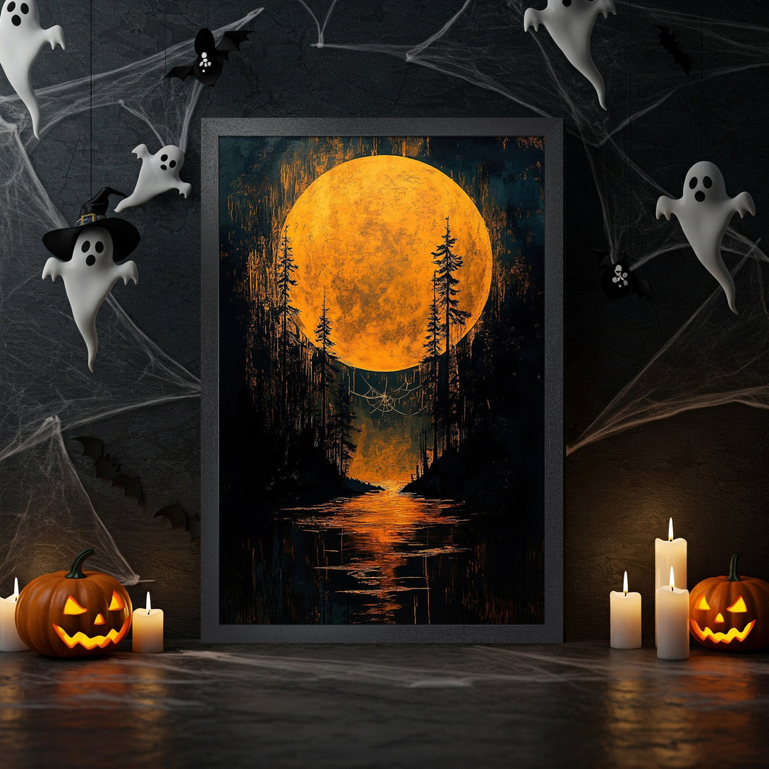 Framed Poster: Halloween art print with a full moon, dark forest, and orange/black color palette. Spooky decor.