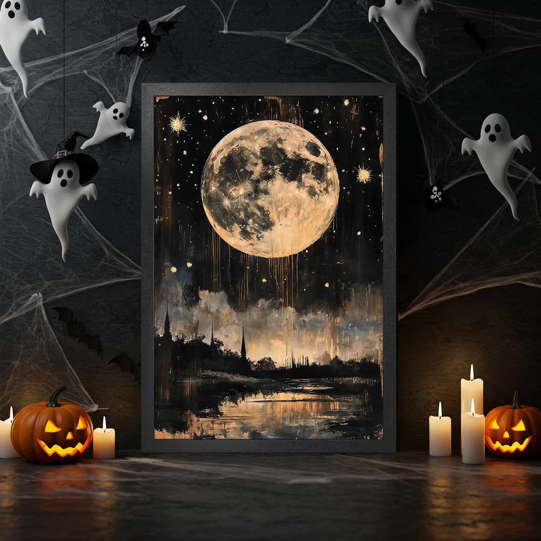 Framed Poster of a full moon over water, abstract style, with a gold and black color palette, perfect for Halloween decor.