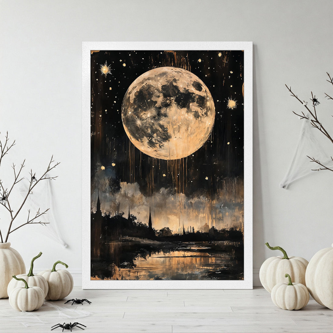 Framed Poster of a moonlit night, abstract art style with gold and black color palette, perfect for Halloween decor.