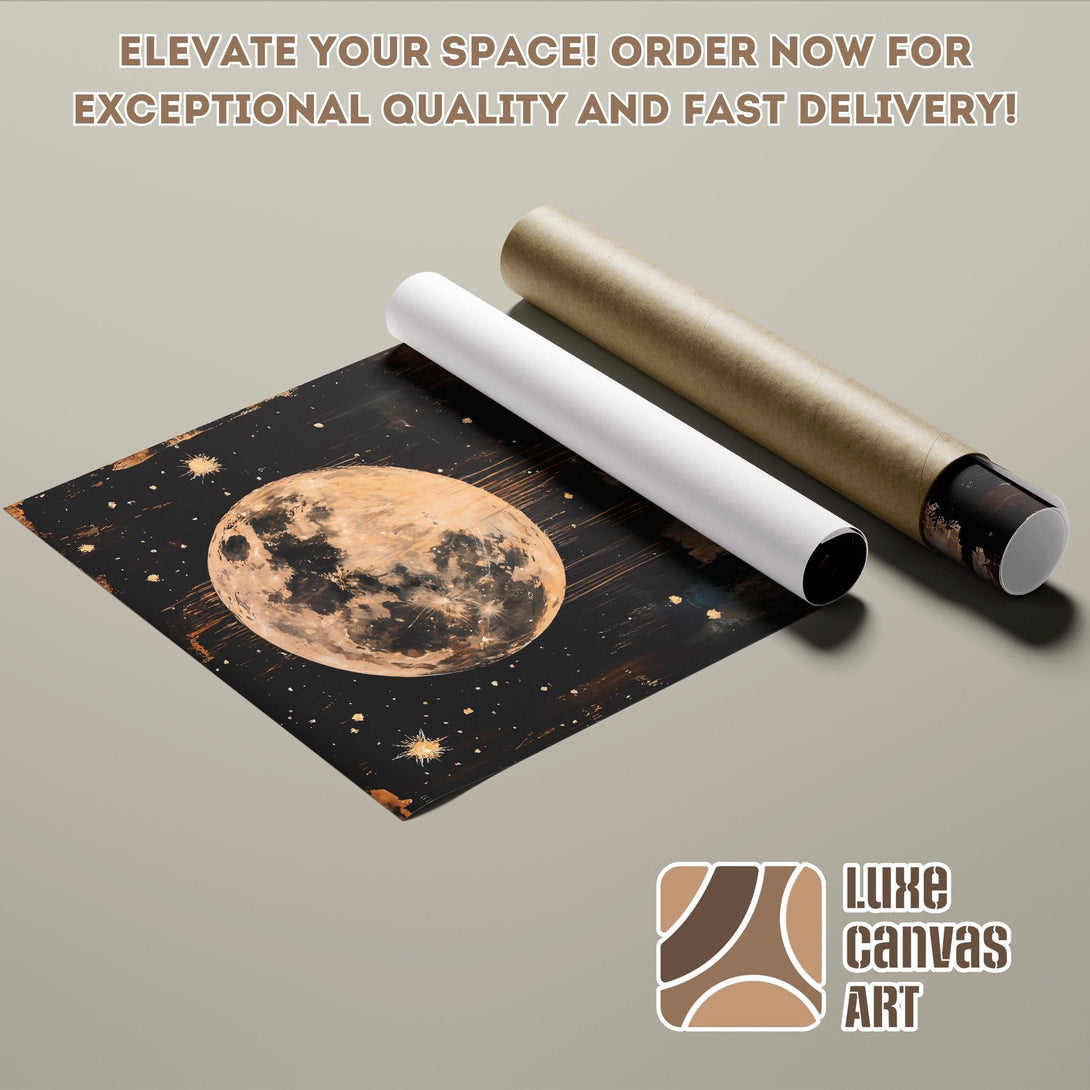 Abstract moon poster roll in black, gold, and orange. Elevate your space with our stunning poster art!