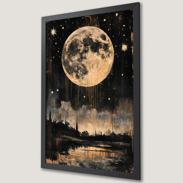 Framed Poster featuring a stunning moon art print in a dark, gold, and black color palette. Modern abstract style.