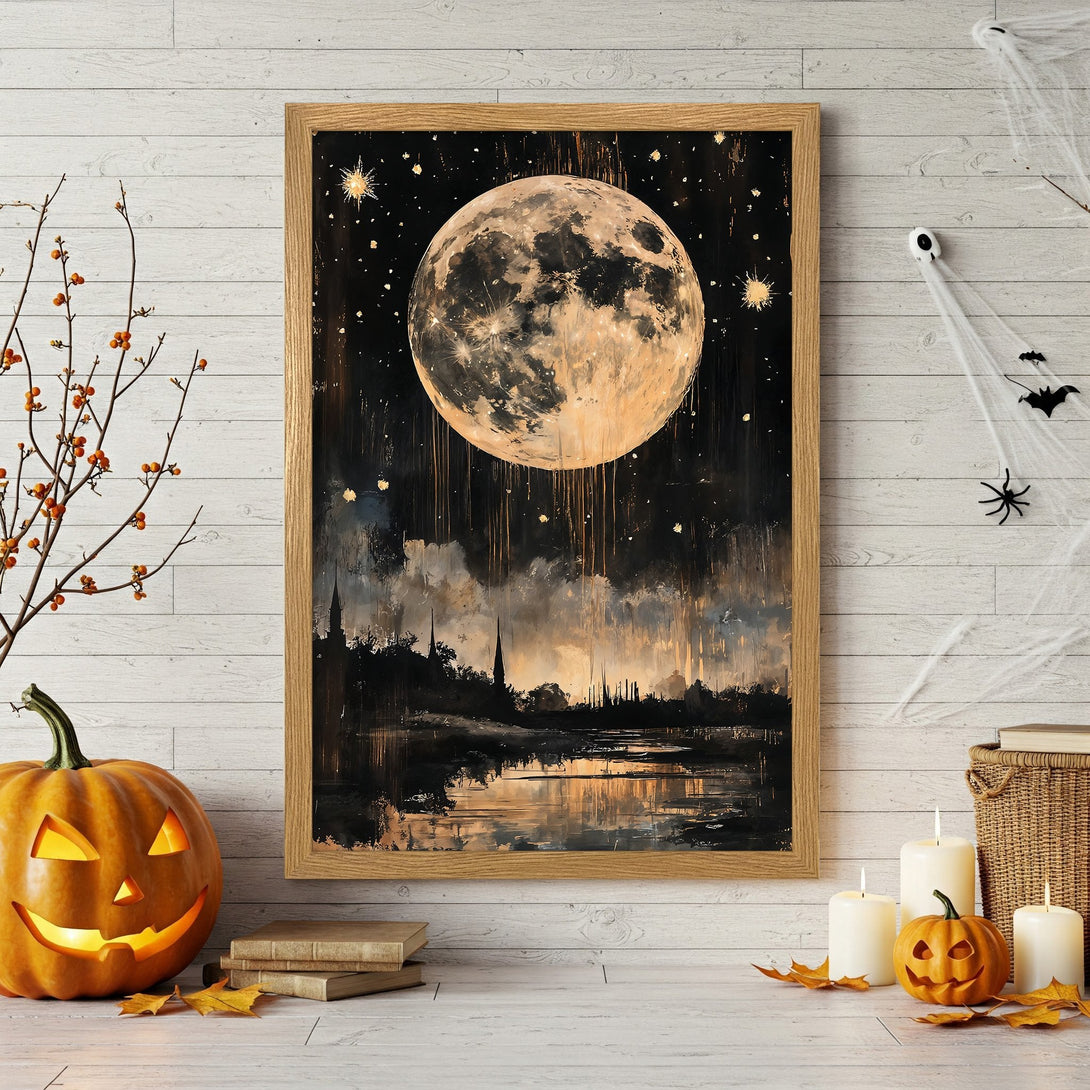 Framed Poster featuring a stunning moon art print. Dark and gold color palette, perfect for Halloween decor.