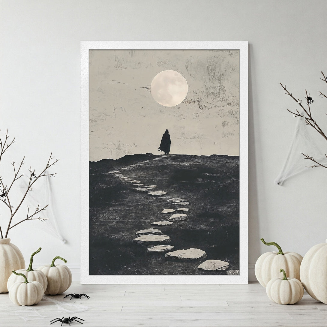 Framed Poster: Moody artwork of figure on path under moon, minimalist style, grayscale color palette, perfect for Halloween decor.