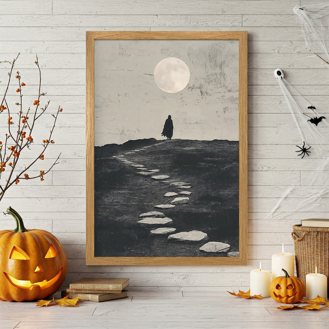 Framed Poster featuring a mysterious figure under a full moon. Black and white art print with a spooky, minimalist style. Perfect Halloween decor.