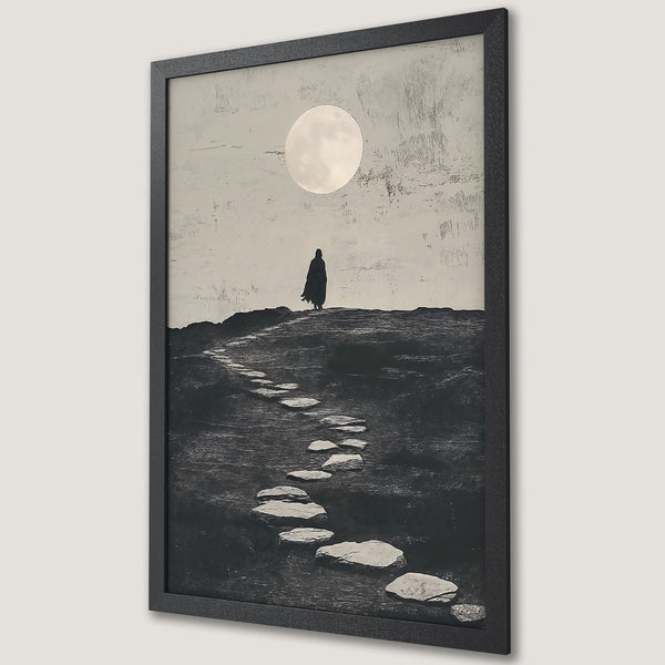 Framed Poster featuring a lone figure under a moonlit sky. Abstract art style, monochrome color palette. Perfect for minimalist decor.