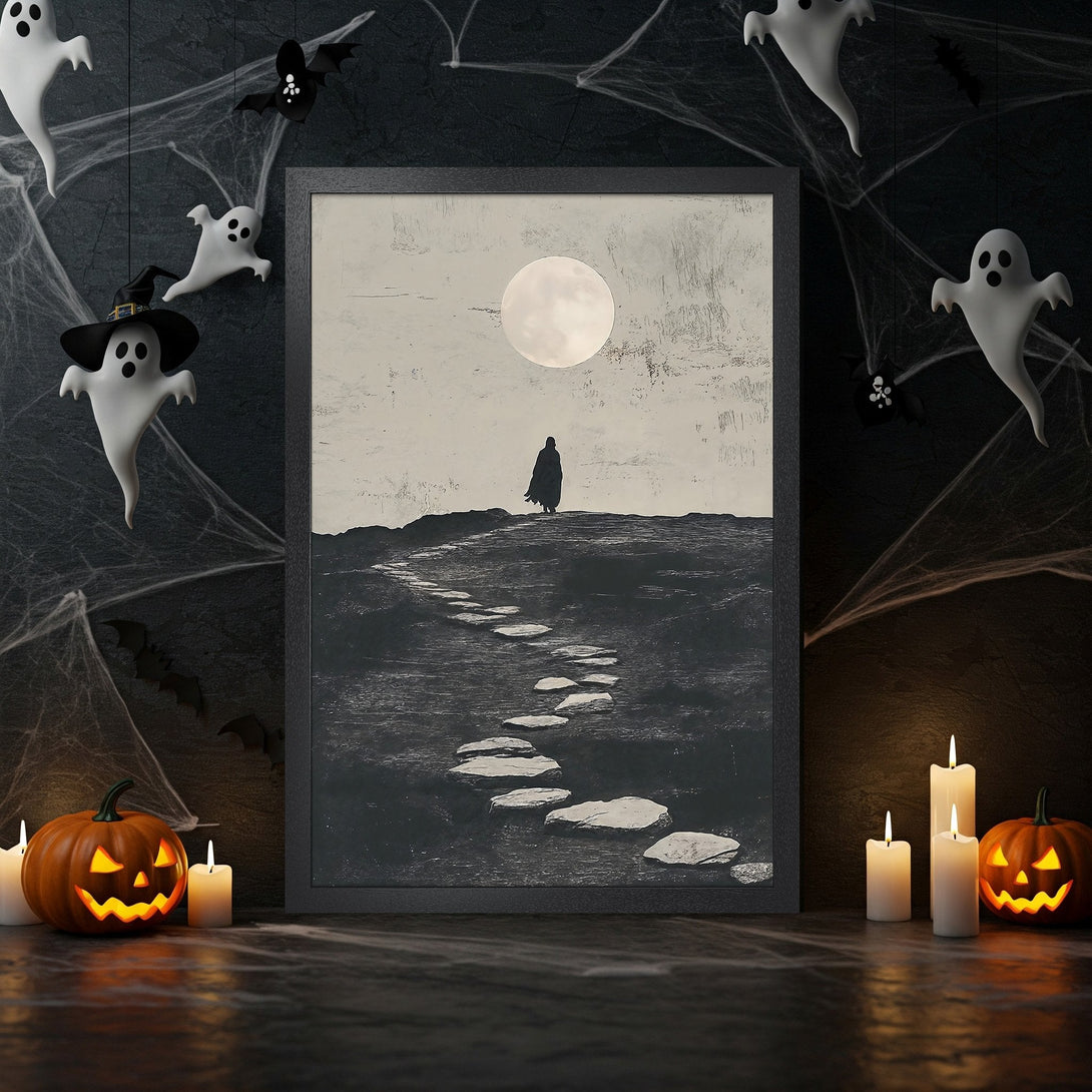 Framed Poster featuring a mysterious figure under a full moon. Monochrome art style with a spooky Halloween theme. Perfect wall decor.