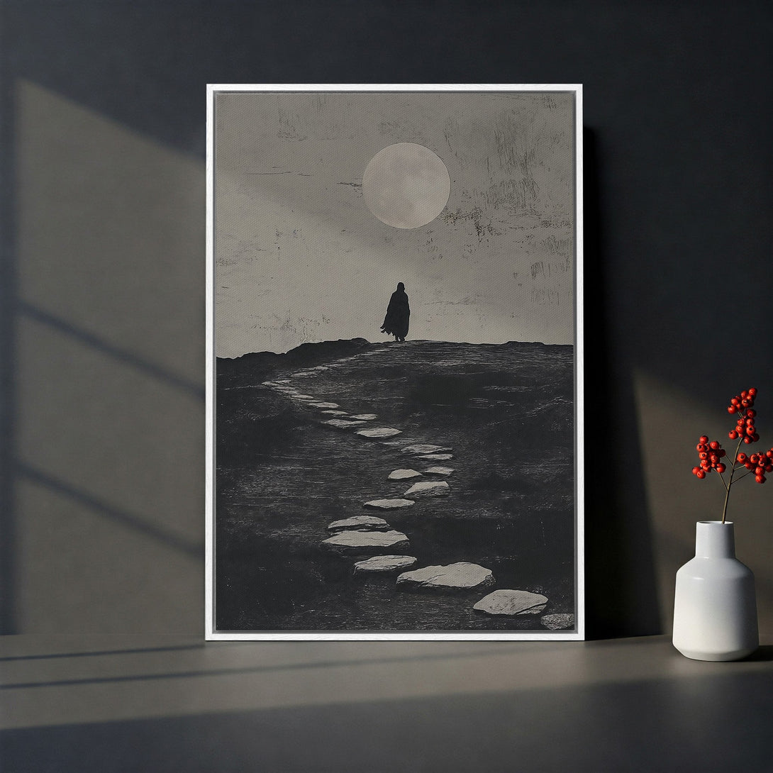 Framed Wall Art: Monochrome landscape Canvas Print with a lone figure, moonlit sky, and stepping stones. Perfect for modern home decor.
