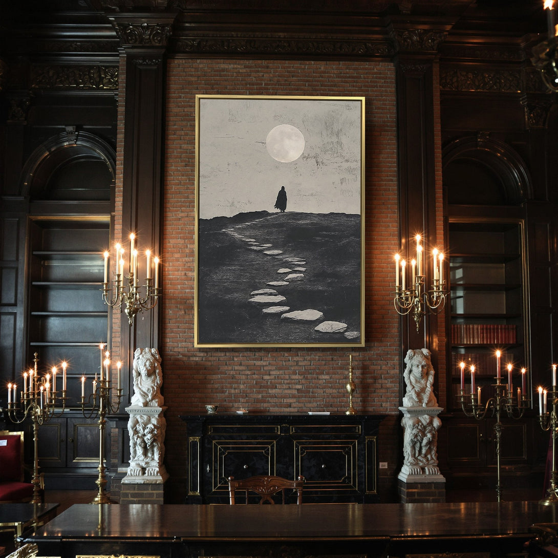 Canvas Print featuring a lone figure on a moonlit path. Dramatic, moody art in grayscale with a touch of orange. Perfect Halloween decor!