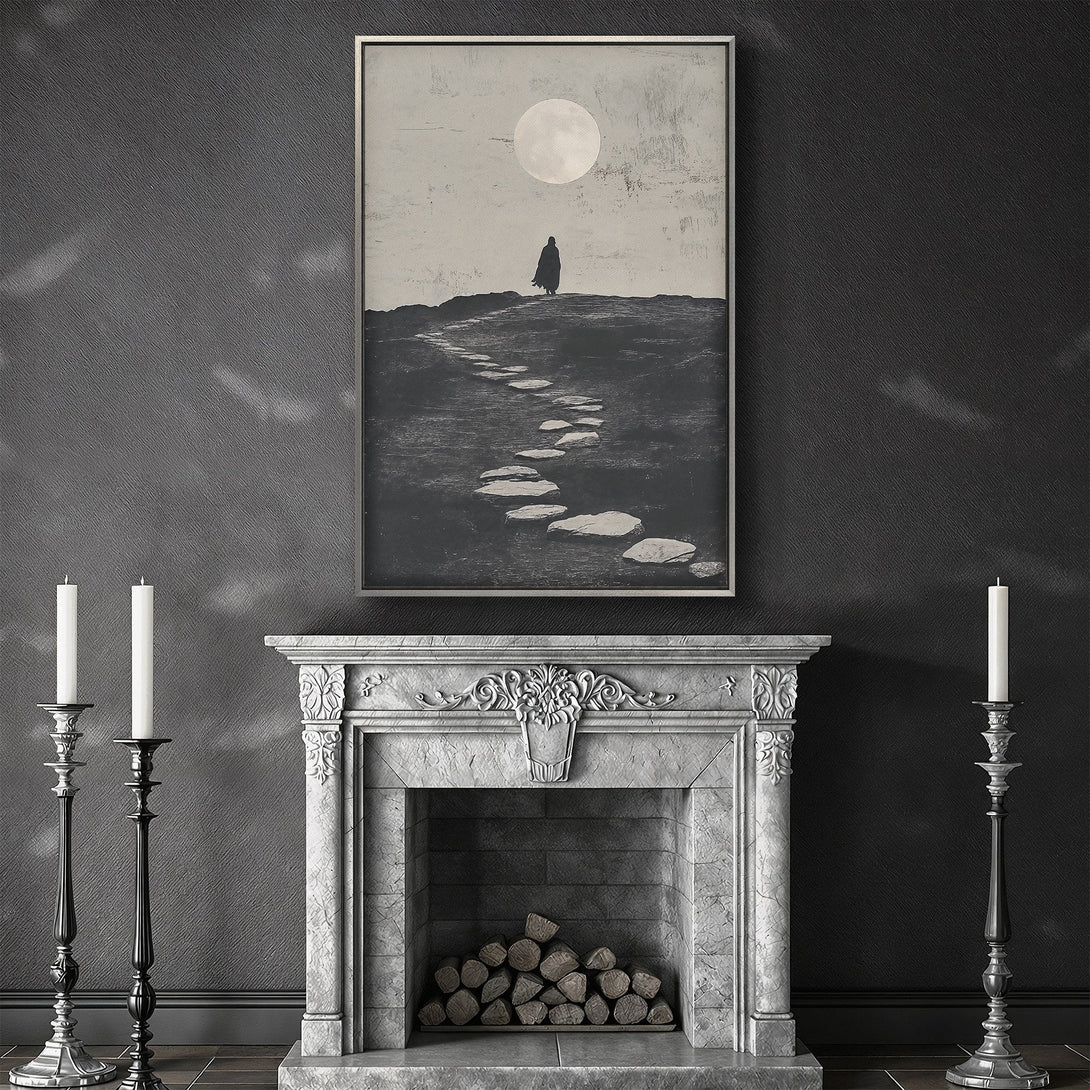 Framed Wall Art featuring a lone figure under a moonlit sky, in a moody, monochrome palette. Perfect for adding a touch of mystery to your space.
