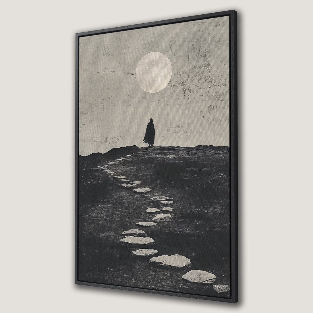 Framed Wall Art: Abstract landscape with a figure walking towards the moon. Monochrome canvas print in a minimalist style, perfect for modern decor.