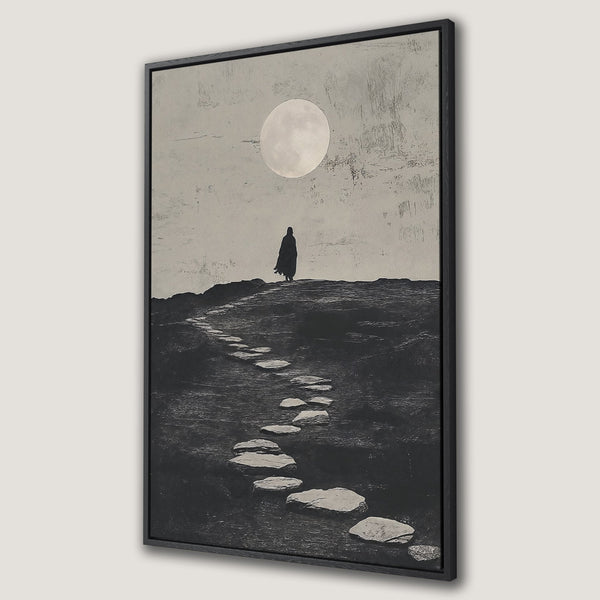 Framed Wall Art: Abstract landscape with a figure walking towards the moon. Monochrome canvas print in a minimalist style, perfect for modern decor.