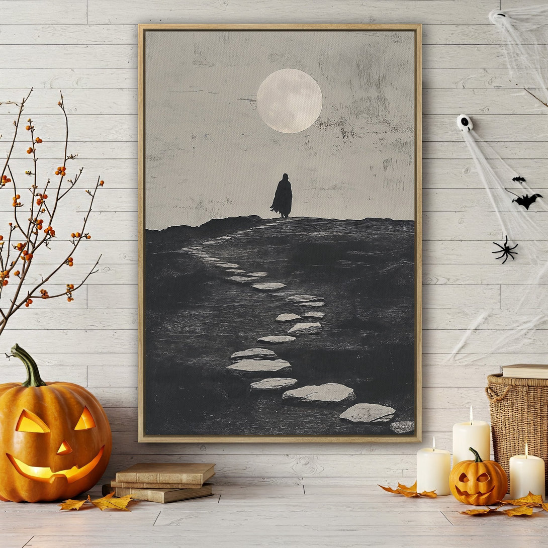 Framed Wall Art: Silhouette walking toward moon. Minimalist black & white canvas print, perfect for Halloween decor. Add spooky style to your home.