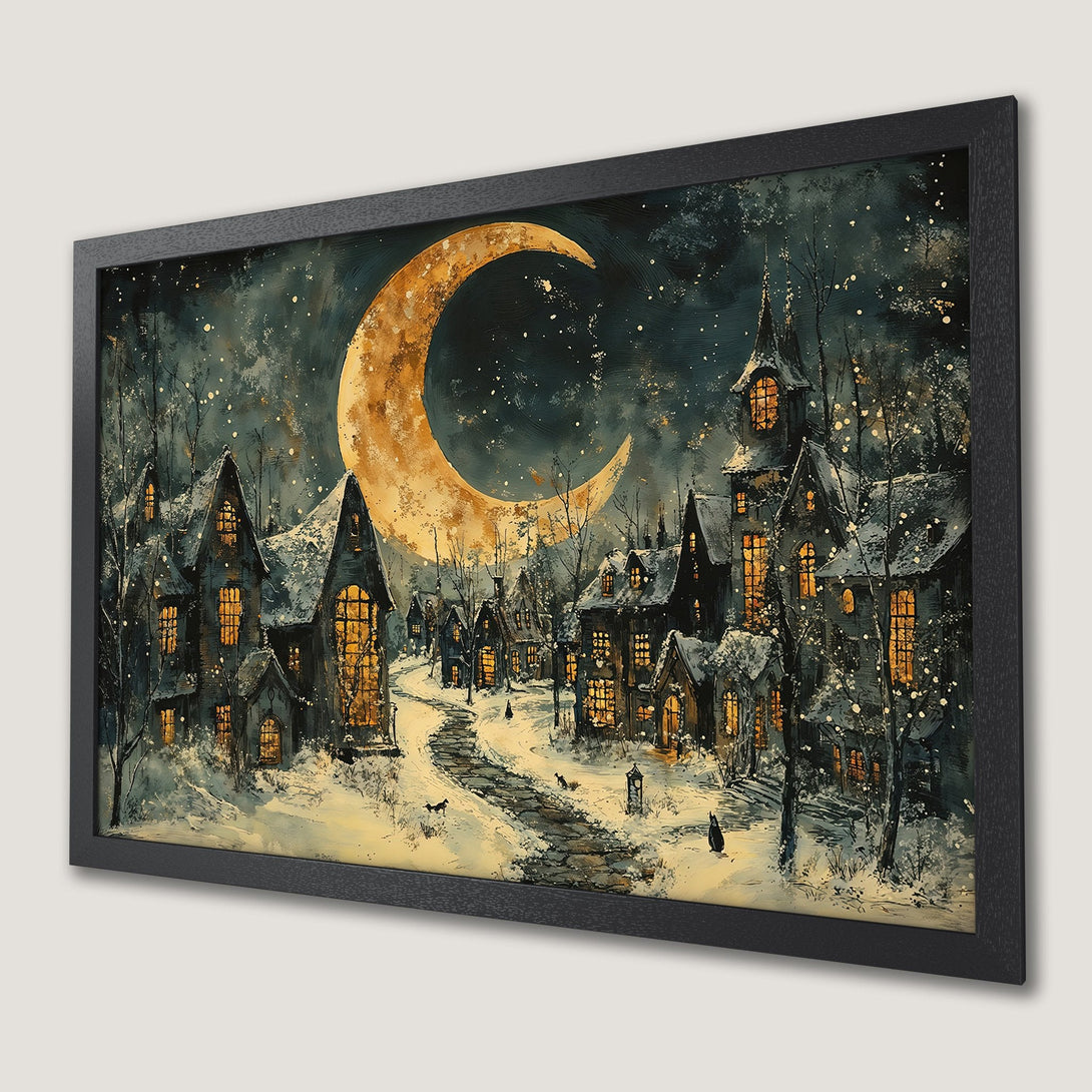 Framed Poster: Winter village scene with a crescent moon, in a whimsical style with a dark, moody color palette. Perfect wall art.