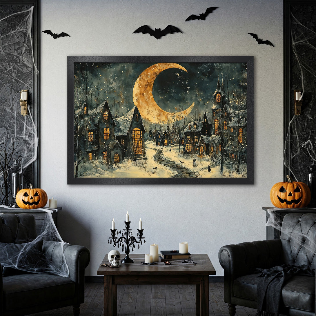 Framed Poster featuring a spooky Halloween village scene under a golden moon, with a dark and moody color palette.