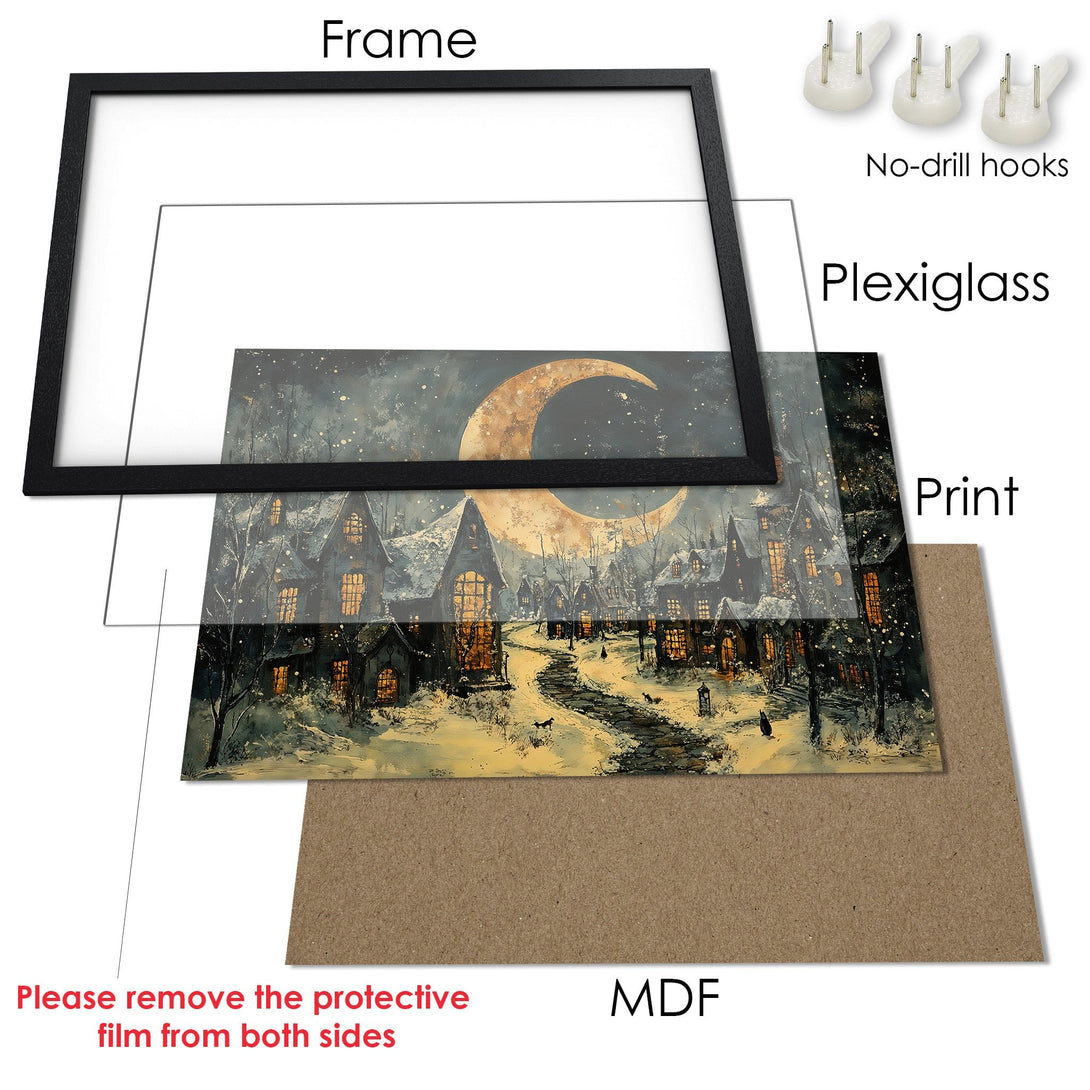 Framed Poster featuring a whimsical night scene with a golden moon, in a muted, cool color palette. Perfect art for your home!