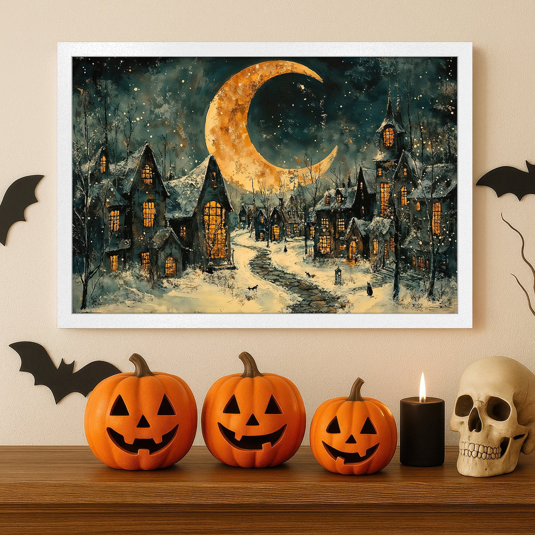 Framed Poster of a spooky Halloween village under a crescent moon. Dark teal and orange tones, art print style. Perfect for Halloween decor.