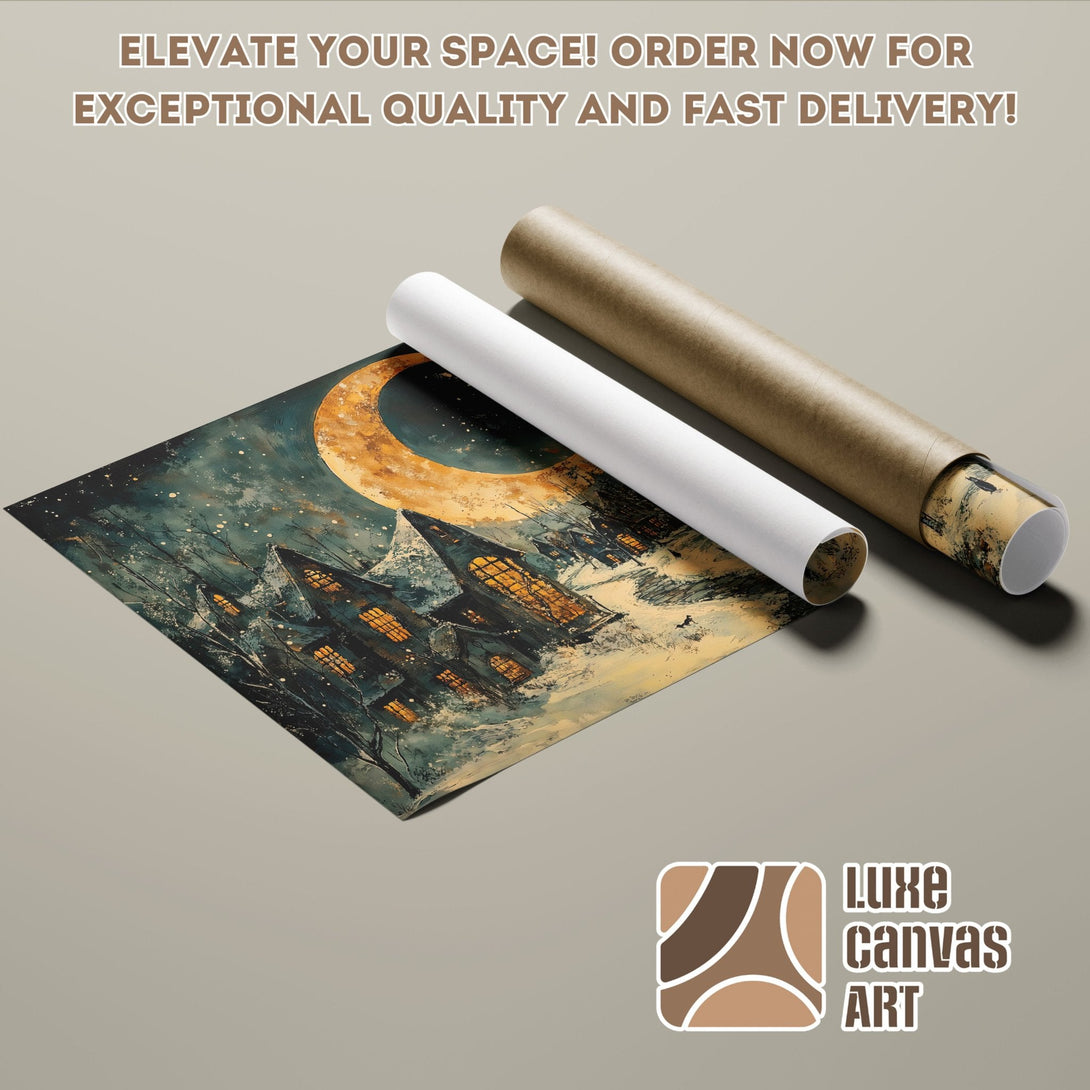 Poster Roll featuring a moonlit landscape painting in teal and gold tones. Elevate your space!