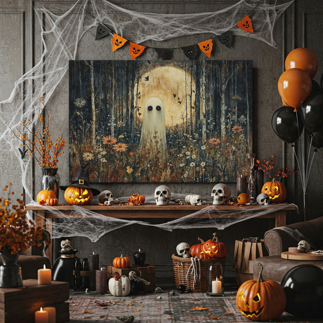 Framed Wall Art: Spooky ghost in a whimsical forest scene. Dark, moody color palette with pops of orange and white. Perfect Halloween decor!