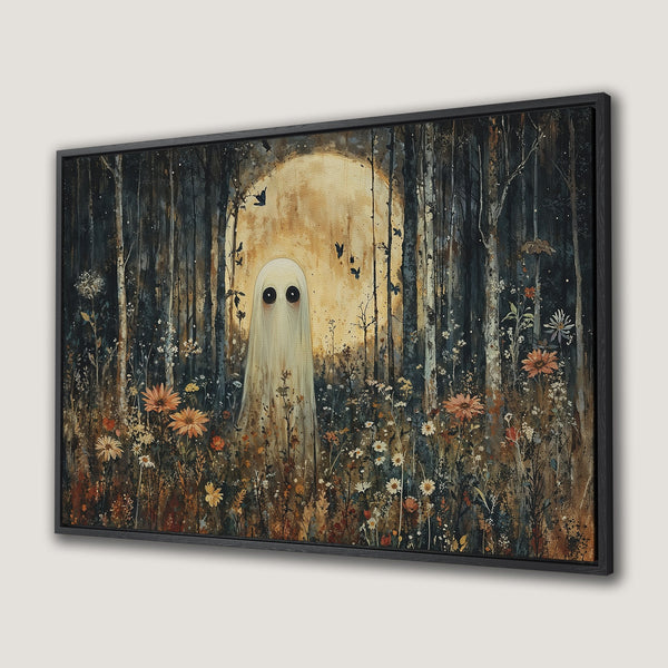 Canvas Print of a whimsical ghost in a forest scene. Moody, painterly style with a warm, earthy color palette. Perfect for Halloween decor.