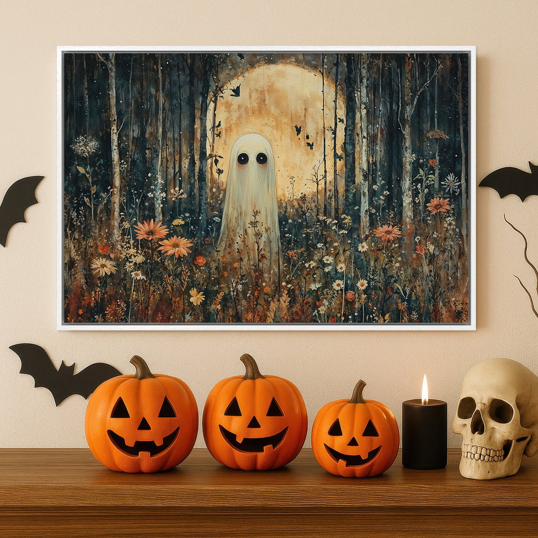 Framed Wall Art: Spooky ghost in a forest, dark blue and orange color palette. Perfect Halloween decor. Add a touch of eerie charm to your space!