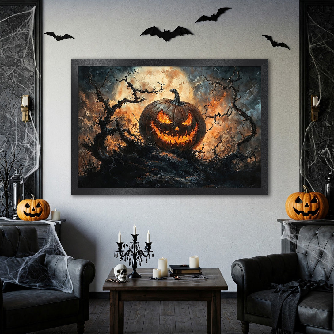 Framed Poster featuring a spooky Halloween pumpkin artwork, dark and moody style with orange, black, and blue tones. Perfect for Halloween decor!