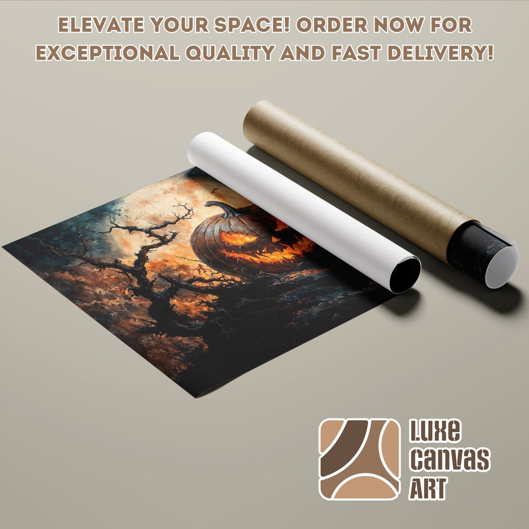 Halloween Pumpkin Poster Roll, dark art style, orange & black palette. Elevate your space!