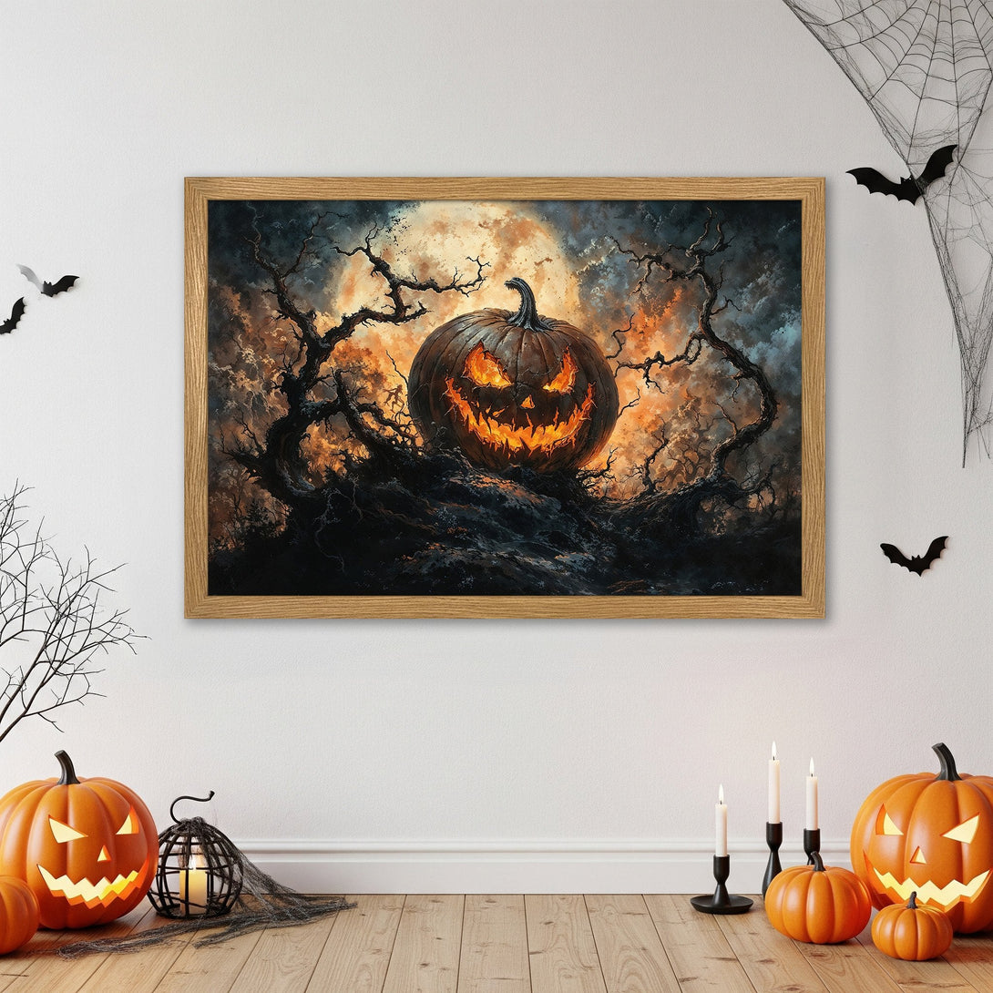 Framed Poster featuring a spooky Halloween pumpkin. Dark art style with orange, black, and brown hues. Perfect for Halloween decor!