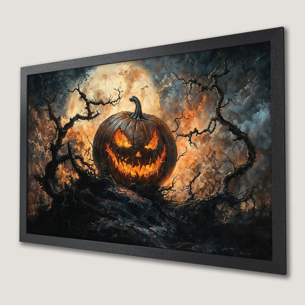 Framed Poster featuring a spooky Halloween pumpkin in a dark, artistic style with orange and black tones. Perfect for Halloween decor!