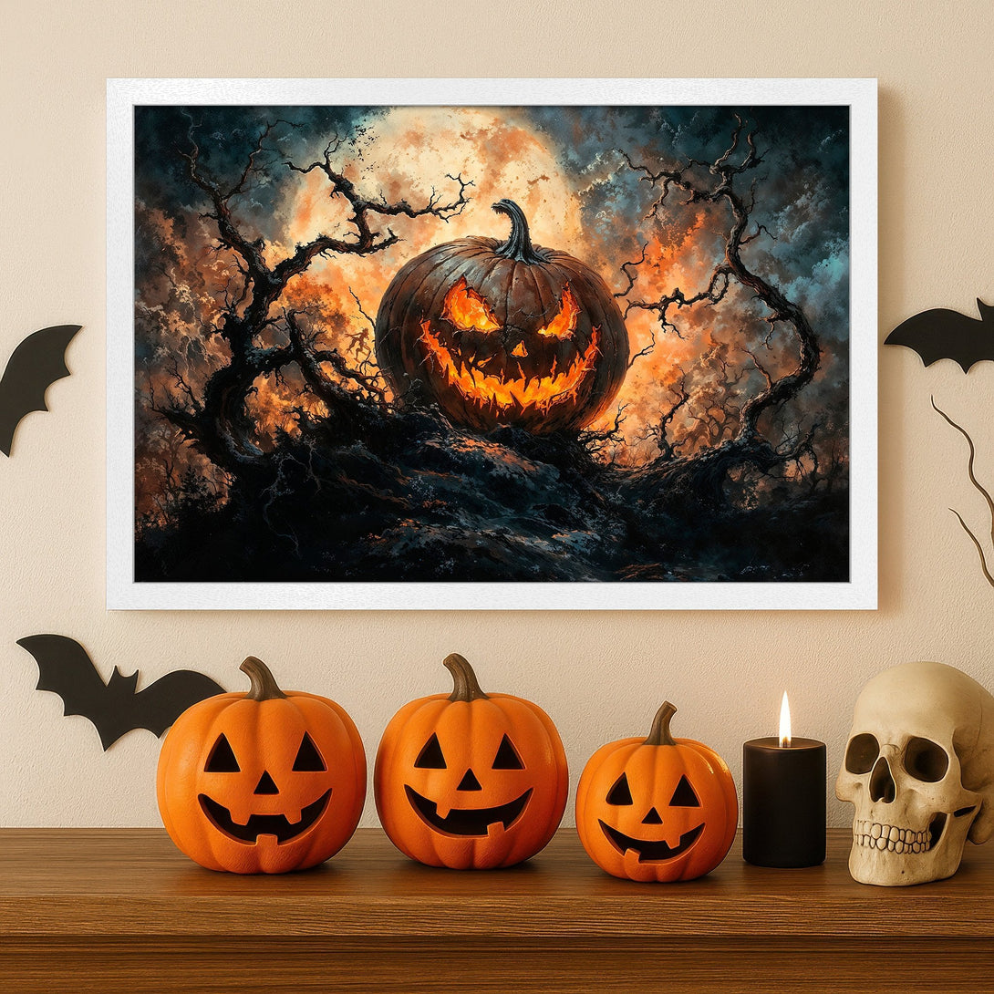 Framed Poster featuring a spooky Halloween pumpkin scene, dark style with orange and black colors. Perfect for Halloween decor.