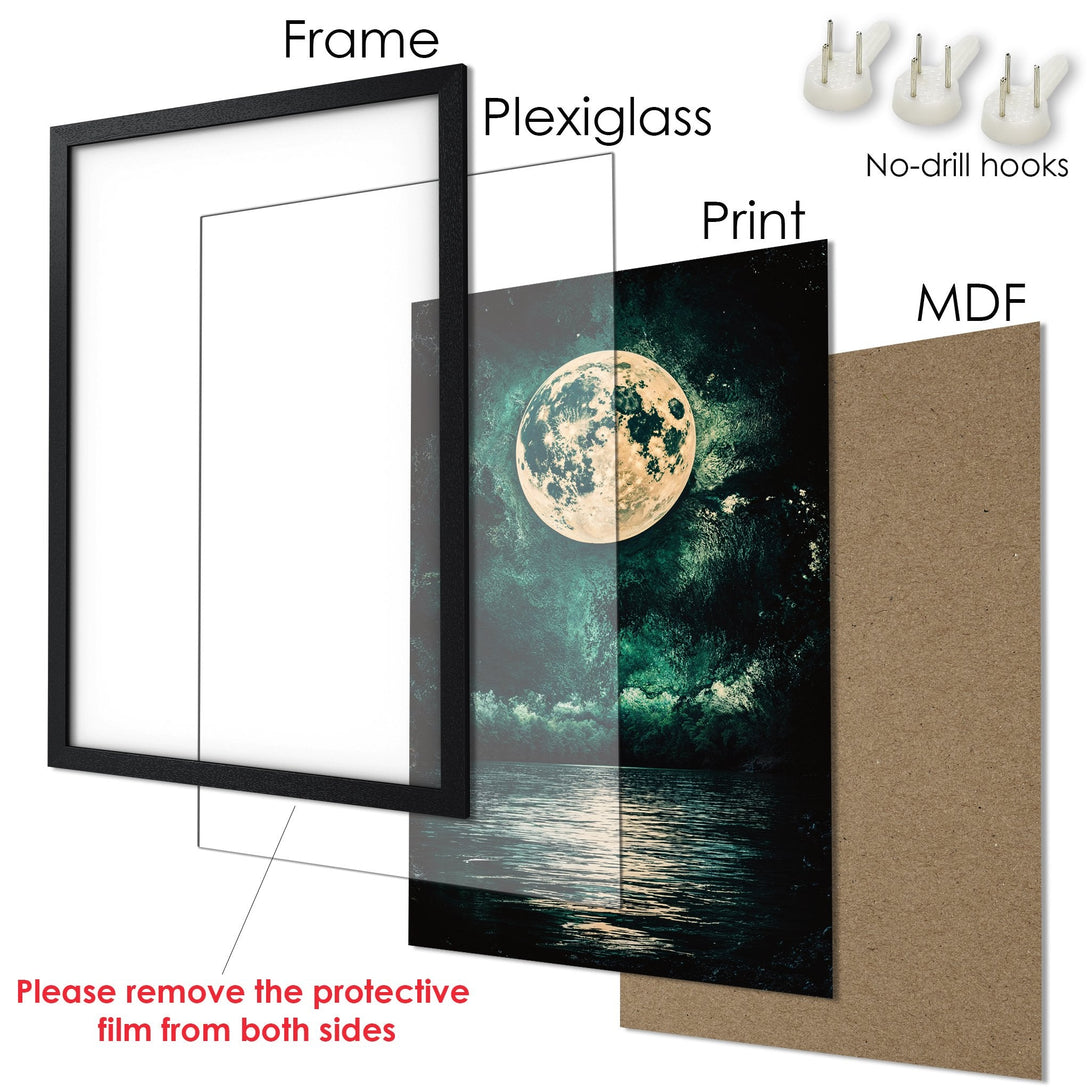 Framed Poster featuring a moonlit scene with a dark, moody style and teal/gold color palette. Perfect wall art!