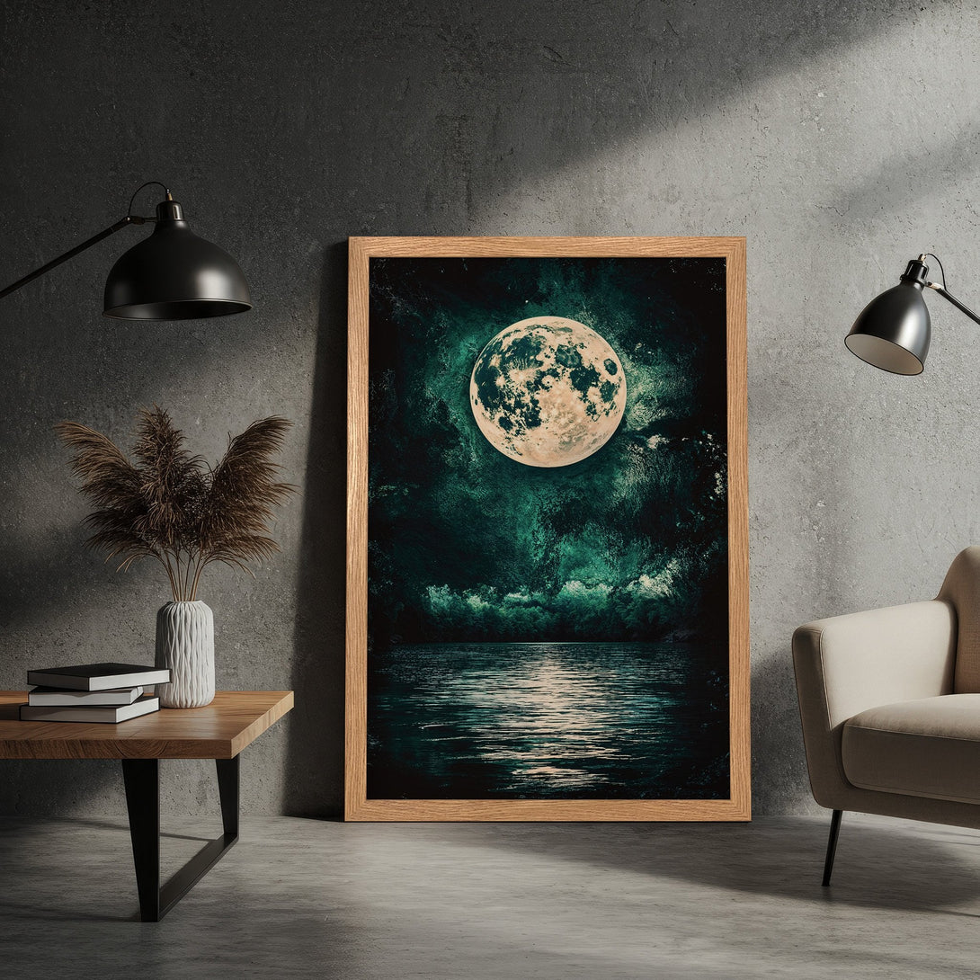 Framed Poster featuring a mystical moonlit scene in teal and beige. Perfect wall art for a calming, artistic vibe.