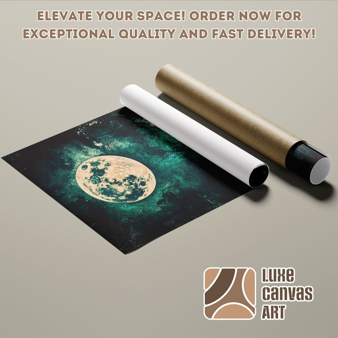 Poster Roll featuring a celestial moon art print. Dark teal and beige color palette, perfect for modern decor. Order yours today!