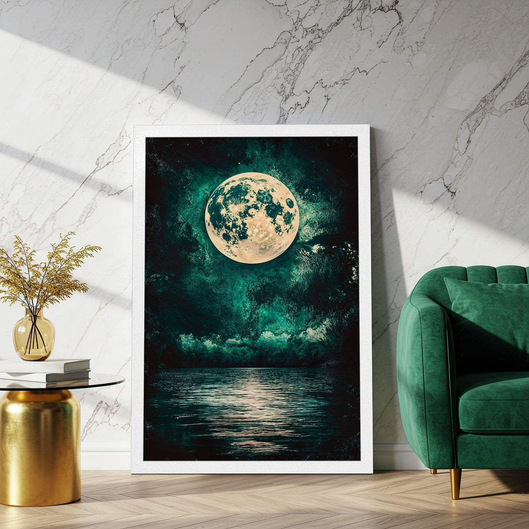 Framed Poster featuring a celestial moon over water, in a dark teal and green color palette. Perfect wall art for any room!